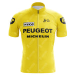 The Miko Peugeot BP Retro Cycling Jersey features a vibrant yellow design with iconic logos like Miko, Peugeot, BP, and Michelin. It has stylized sleeve details and a full front zipper, reflecting classic cycling sponsorship history.
