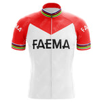 The Faema Retro cycling jersey, inspired by Eddy Merckx 1969, displays a vibrant red top and shoulders with a white lower section adorned with FAEMA in bold black. It features rainbow-striped cuffs for a classic finish.