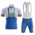 The Castorama Retro Cycling Jersey Set is a breathable, lightweight polyester masterpiece featuring blue and white stripes, iconic branding, short sleeves with red trim, a convenient zip front, and matching blue bib shorts.