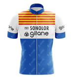 Embrace nostalgia with the Sonolor Gitane Retro Cycling Jersey, featuring yellow/red stripes on white sleeves and a blue lower section. Crafted from lightweight polyester, it boasts two logos and prominently displays Sonolor Gitane on the front.