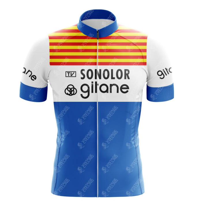 Embrace nostalgia with the Sonolor Gitane Retro Cycling Jersey, featuring yellow/red stripes on white sleeves and a blue lower section. Crafted from lightweight polyester, it boasts two logos and prominently displays Sonolor Gitane on the front.