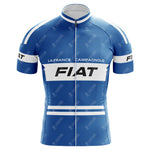 The FIAT France Cycling Jersey Eddy Merckx 1977 Retro features a blue design with white stripes on the sleeves and chest, FIAT, LA FRANCE, and CAMPAGNOLO in bold black. Made from lightweight polyester, it includes a convenient front zipper.