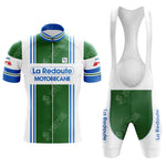 Embrace the retro charm with the LA REDOUTE Retro Short Sleeve Cycling Set. The jerseys green, white, and blue design features La Redoute and Motobecane text. Complete your look with vintage green cycling shorts featuring La Redoute branded side straps.