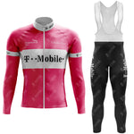 The T-Mobile Retro Long Sleeve Cycling Set, available with a fleece option, includes a pink and white lightweight polyester jersey featuring logos and a full-length zipper, paired with black bib tights that have suspenders and logo details—perfect for any cycling enthusiast.