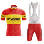 Embrace the 1980s with our 1980s red Reynolds Retro Short Sleeve Cycling Set. Featuring a vibrant red and yellow full-zip jersey with the iconic Reynolds logo and matching bib shorts, this outfit offers an authentic vintage look.