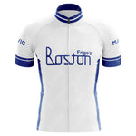 The Frigos Boston Retro Cycling Jersey showcases a white and blue design with Frigos Boston on the chest, crafted from lightweight polyester. Blue stripes enhance the sleeves and collar, merging style with performance.
