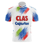 Vintage del tongo Retro Short Sleeve Cycling Set with red, blue, and green brushstroke patterns on white, featuring CLAS and Cajastur across the front. This classic design offers timeless appeal for cycling enthusiasts.