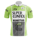 The Super Confex Kwantum Retro Cycling Jersey in light green and white features black text with a striped design. Made from lightweight polyester, it has short sleeves, a zip closure, logos like Yoko, a matching collar, and a silicone waist strip for the perfect fit.