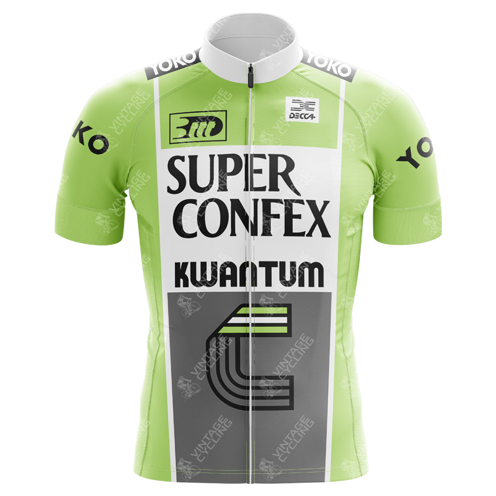 The Super Confex Kwantum Retro Cycling Jersey in light green and white features black text with a striped design. Made from lightweight polyester, it has short sleeves, a zip closure, logos like Yoko, a matching collar, and a silicone waist strip for the perfect fit.