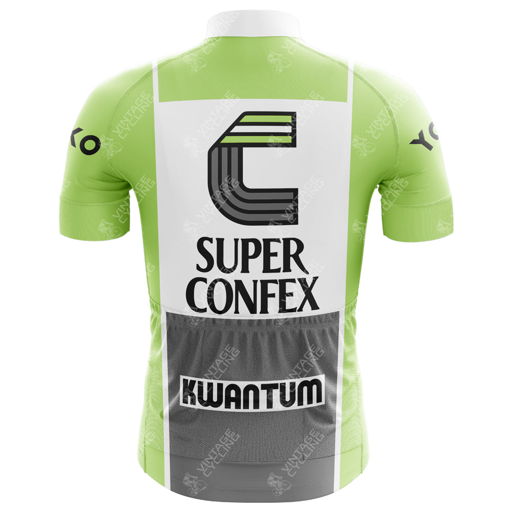 The Super Confex Kwantum Retro Cycling Jersey has a back view with green, white, and gray sections. This lightweight polyester jersey features a C logo on top, SUPER CONFEX and KWANTUM below, with YOKO on the sleeves and a silicone waist strip for a snug fit.