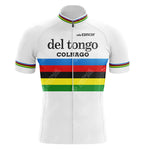 The Historisch-Sigma Retro Short Sleeve Cycling Set offers a vintage vibe with a white jersey featuring del tongo and COLNAGO logos, plus blue, red, black, yellow, and green stripes. It includes a front zipper with matching striped cuffs and collar, pairing perfectly with cycling shorts.