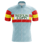 The Tricofilina Coppi Retro Cycling Jersey is a blue design featuring red and yellow stripes with Tricofilina Coppi in a white rectangular box on the front, honoring the legendary Fausto Coppi.