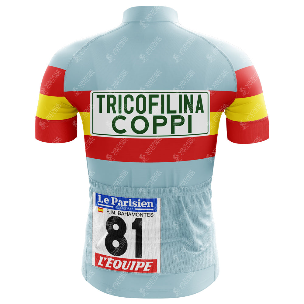 The Tricofilina Coppi Retro Cycling Jersey features red, yellow, and light blue stripes on the back. Tricofilina Coppi is displayed at the top in tribute to Fausto Coppi, with race number 81 and F. M. Bahamontes, plus logos for Le Parisien and L’Équipe.