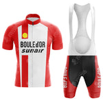 The SUPER Red Retro Short Sleeve Cycling Set includes a red and white jersey with vertical stripes featuring Boule dOr Sunair text, paired with matching bib shorts, ideal for vintage cycling style enthusiasts.
