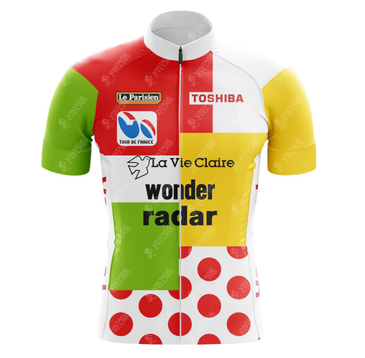 The Wonder Radar La Vie Claire Retro Cycling Jersey features a white base with vibrant red polka dots, iconic Le Parisien, Tour de France, and Wonder Radar La Vie Claire logos, and striking green, red, and yellow blocks.