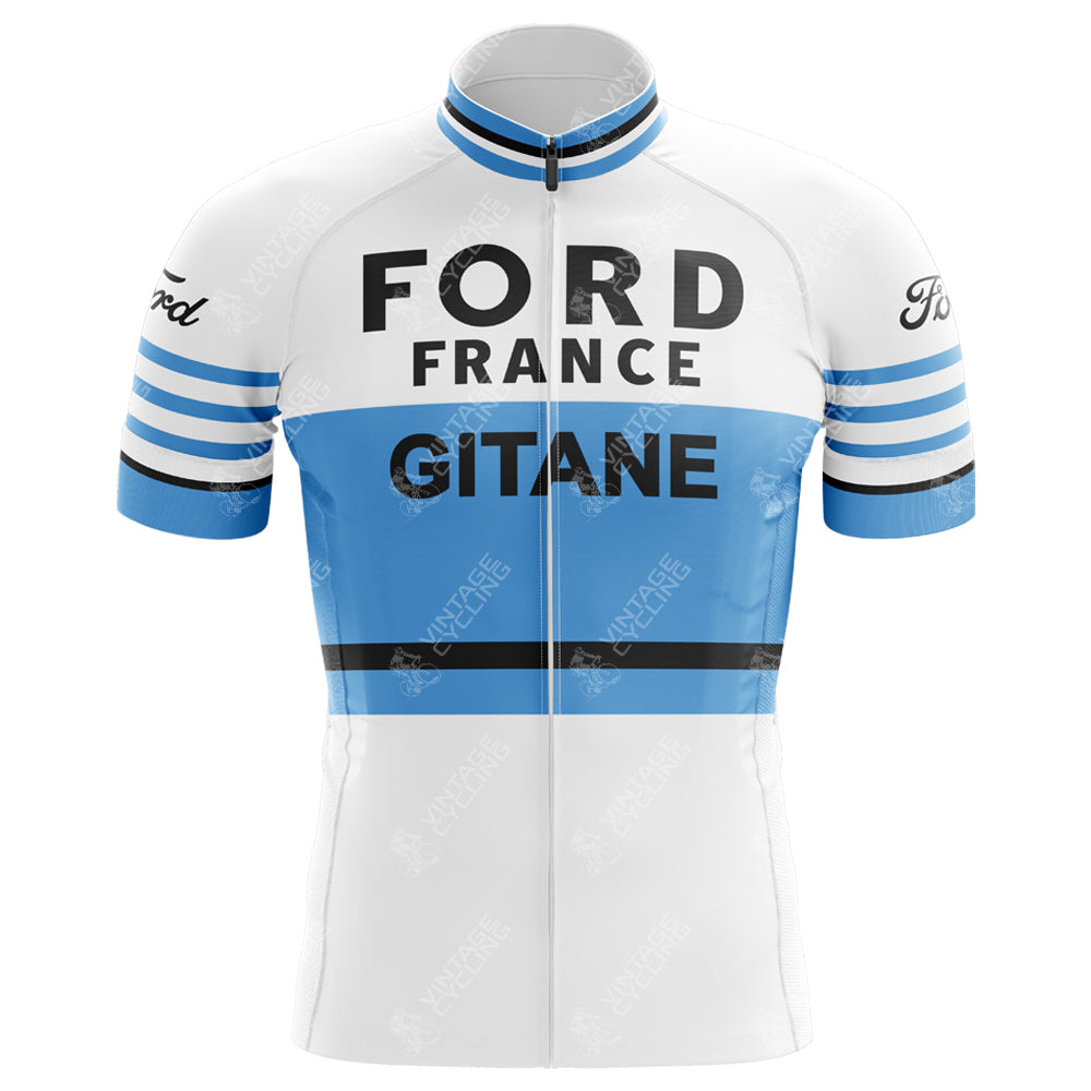 The Ford France Gitane Retro Cycling Jersey is a lightweight polyester piece in white and blue, featuring Ford France and Gitane text. It has bold blue and black stripes on the chest and sleeves, with prominent Ford logos on each sleeve.