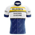 Front view of the Pelforth Sauvage Lejeune Retro Cycling Jersey, featuring horizontal stripes in yellow, white, and blue with black text highlighting the brand names: Pelforth, Sauvage, and Lejeune.