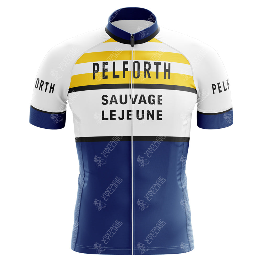 Front view of the Pelforth Sauvage Lejeune Retro Cycling Jersey, featuring horizontal stripes in yellow, white, and blue with black text highlighting the brand names: Pelforth, Sauvage, and Lejeune.