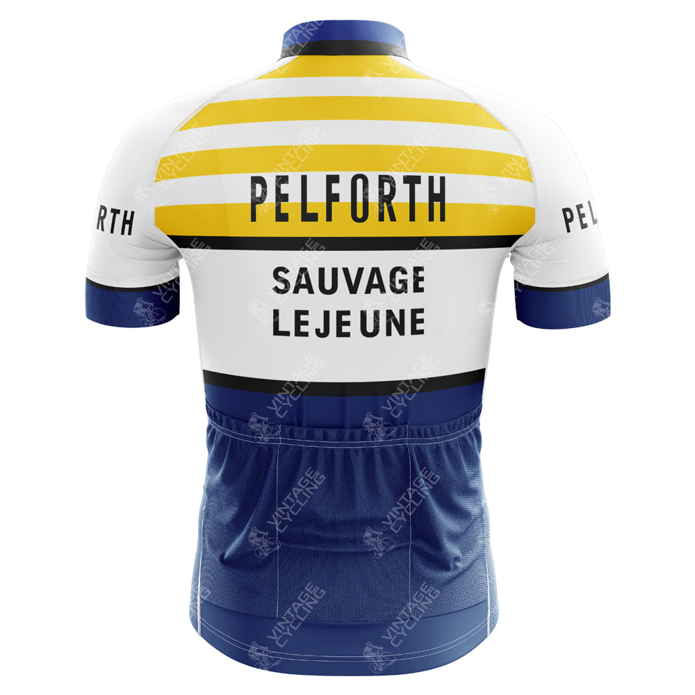 The Pelforth Sauvage Lejeune Retro Cycling Jersey showcases yellow and white stripes on the top, Pelforth Sauvage Lejeune text, and a solid blue lower section, viewed from the back.