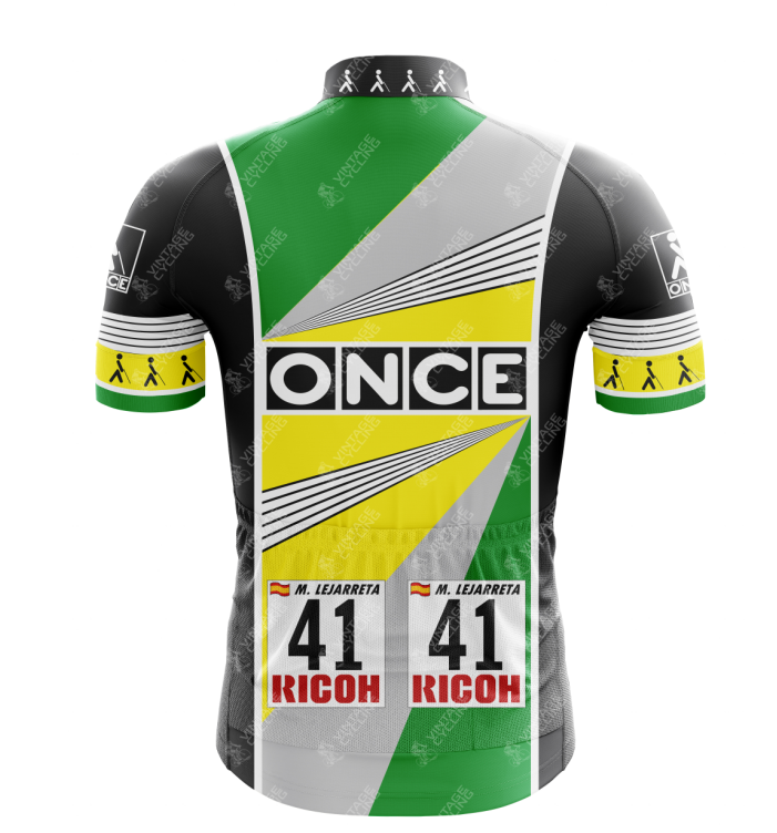 The ONCE Retro Cycling Jersey showcases geometric patterns in green, yellow, white, and black. It features ONCE, 41, RICOH, M. LEJARRETA, flag icons, and has black sleeves with yellow and white bands.