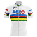The Mapei-GB Retro Cycling Jersey is a lightweight, high-performance polyester jersey featuring UCI and Mapei GB logos, with blue, red, black, yellow, and green horizontal chest stripes. It includes a full-length front zipper for easy wear.