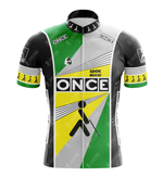 The ONCE Retro Cycling Jersey showcases a geometric design in black, white, green, and yellow with bold ONCE text and walking figure icons. Logos on the sleeves and chest evoke the classic style of the ONCE Cycling Team for an authentic vintage feel.