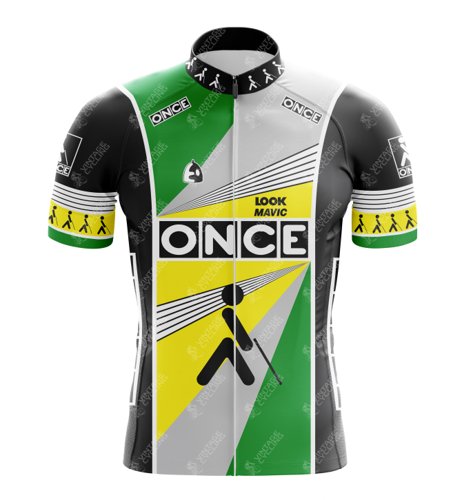 The ONCE Retro Cycling Jersey showcases a geometric design in black, white, green, and yellow with bold ONCE text and walking figure icons. Logos on the sleeves and chest evoke the classic style of the ONCE Cycling Team for an authentic vintage feel.