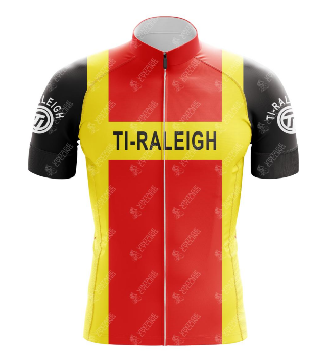 The TI Raleigh Retro Cycling Jersey features a red and yellow front panel with black sleeves, emblazoned with TI-RALEIGH and circular logos. Inspired by team time-trials during Peter Posts legendary era, it includes a front zipper for added comfort and style.