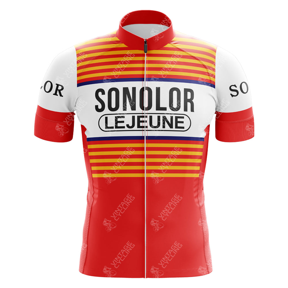 The Sonolor Lejeune Retro Cycling Jersey boasts red, yellow, and white stripes with Sonolor Lejeune on the front. It features white sleeves with Sonolor in black text and a central zipper.