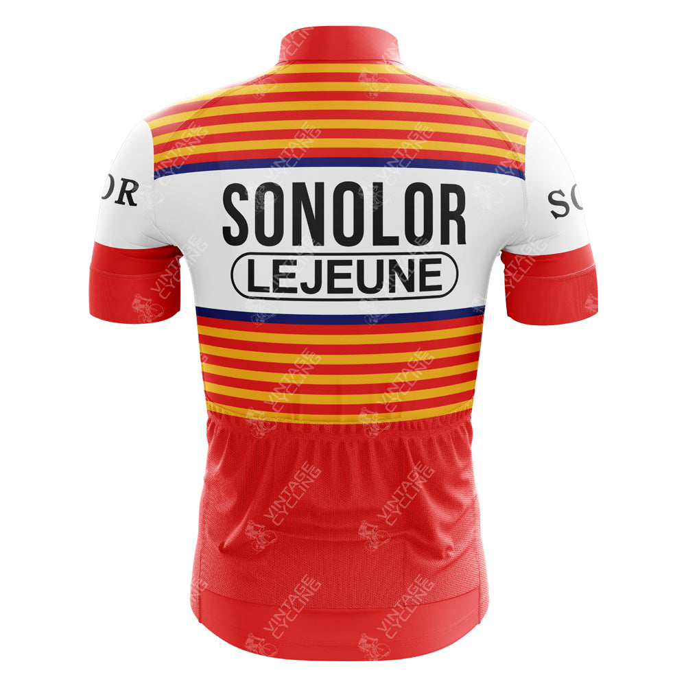 The Sonolor Lejeune Retro Cycling Jersey showcases a back view with yellow, red, and blue stripes. SONOLOR LEJEUNE and SOR are boldly printed on a white upper section, while the lower area is red with a subtle VINTAGE, capturing the classic jersey charm.