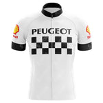 The Classic 1960s Peugeot Retro Cycling Jersey mirrors the style of the era with PEUGEOT on a black checkered front, Shell logos on the sleeves, and a black collar with a zipper, reminiscent of designs worn by cycling legends like Eddy Merckx.