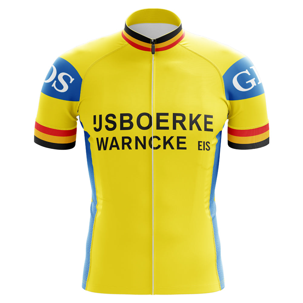 The IJsboerke-Warncke Eis Retro Cycling Jersey showcases JSBOERKE, WARNCKE, and EIS on the front, with blue logos on the sleeves. Red, black, and yellow stripes highlight the neckline and cuffs. A white zipper adorns the front, while blue and yellow panels complete this design.