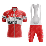 The 1972 SHIMANO Retro Short Sleeve Cycling Set includes a red and white jersey and bib shorts. The jersey features CARPENTER, SHIMANO, and fland on its vintage backdrop, while the shorts showcase the iconic CARPENTER name, ideal for fans of classic cycling style.