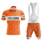 The S.PELLEGRINO Retro Short Sleeve Cycling Set in orange includes a jersey and bib shorts. It features S. PELLEGRINO text on the chest, sleeves, and sides of the shorts, with white accents and black zippers. A handy size guide ensures the perfect fit.