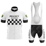 Vintage cycling enthusiasts will love the Peugeot Black White Retro Short Sleeve Cycling Set, featuring a jersey with Peugeot and Michelin text, a black and white checkered pattern, BP logo sleeves, and matching shorts with Peugeot text along the side.