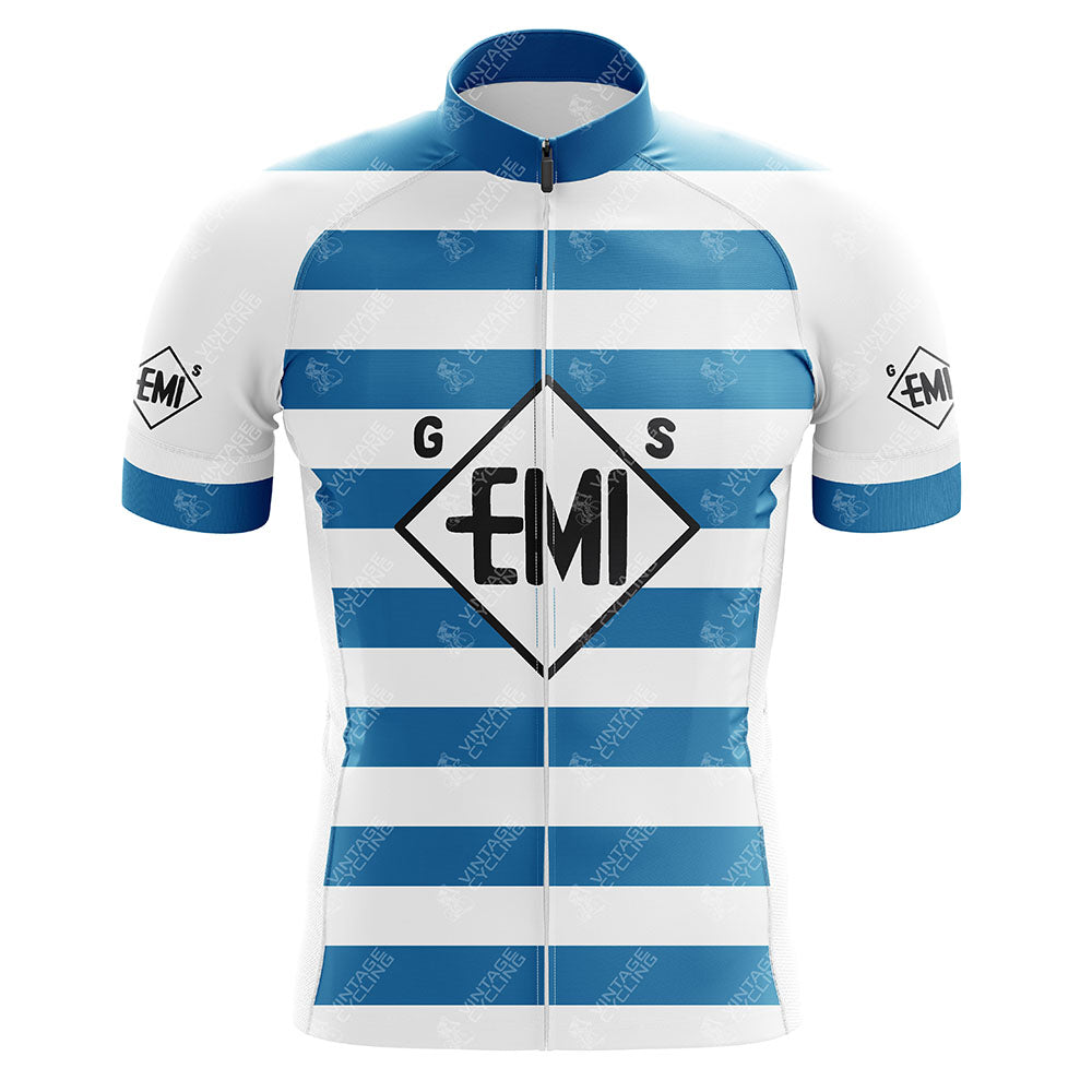 The G S Emi Retro Cycling Jersey showcases horizontal light blue and white stripes, EMI and GS in a diamond on the front, and additional EMI logos on the sleeves, capturing the classic style of the Learco Guerra EMI Team with symmetrical stripes and logos.