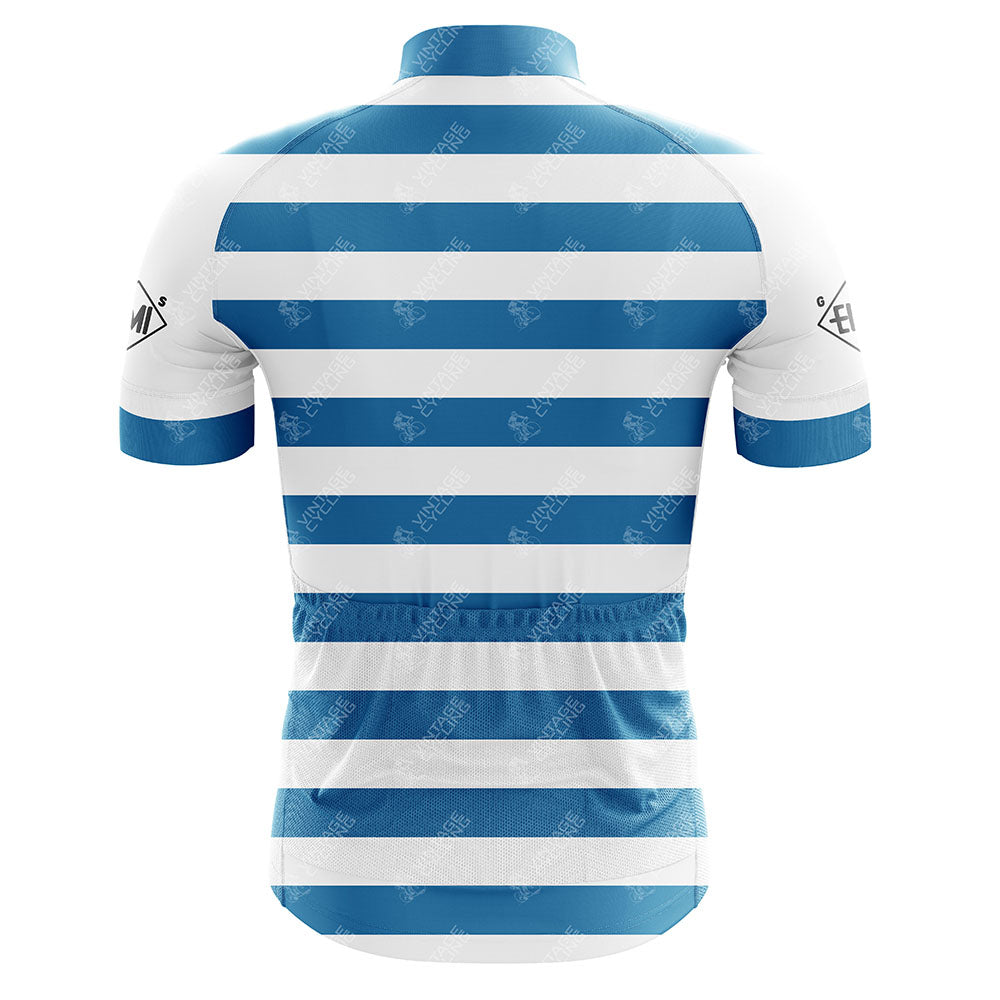 The G S Emi Retro Cycling Jersey features a blue and white striped design with a high collar and logo patterns, capturing the classic Learco Guerra EMI team vibe. Its vintage aesthetic is enhanced by three lower back pockets.