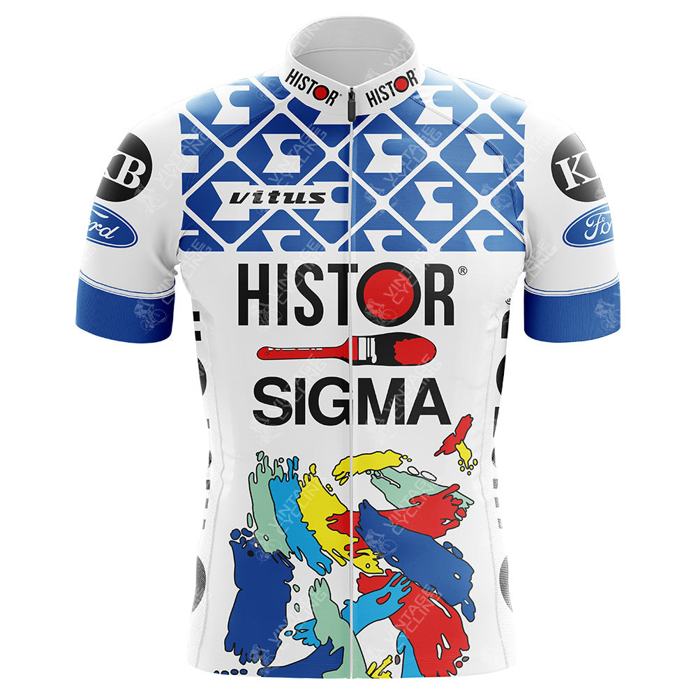 The Histor-Sigma Retro Cycling Jersey boasts a vibrant design with blue and white geometric patterns at the top, Histor-Sigma text in the center, colorful paint splashes at the bottom, and logos like Ford on the sleeves and chest, celebrating the legacy of the Belgian cycling team.
