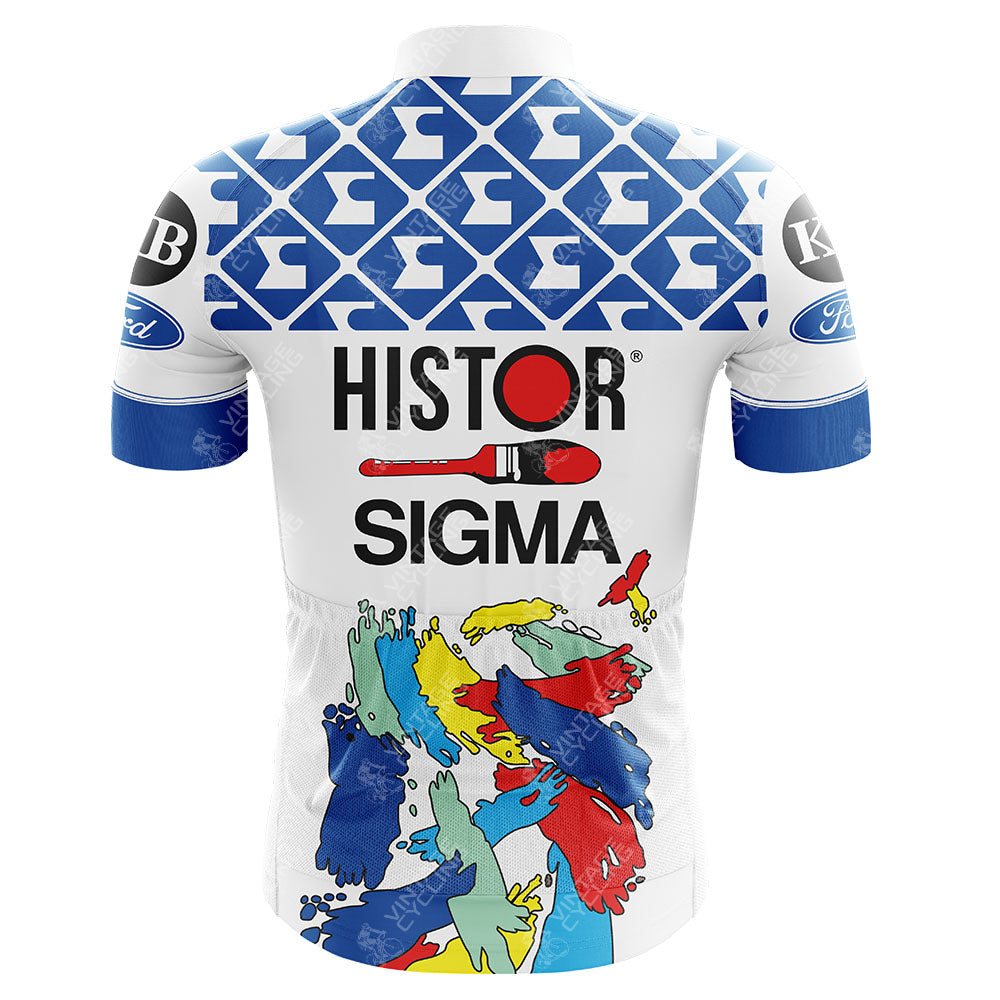 The Histor-Sigma Retro Cycling Jersey features a blue and white geometric pattern with HISTOR-SIGMA logos at the center, celebrating the Belgian Cycling Teams legacy. It includes colorful abstract hand designs on the lower half and branded sleeves for a nostalgic touch.
