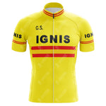 The G.S. Ignis Retro Cycling Jersey is vibrant yellow with bold red stripes across the chest, G.S. on the side, and IGNIS in the center and sleeves. It features a front zipper and a red-detailed collar, showcasing classic vintage charm.