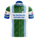 The La Redoute Motobecane Retro Cycling Jersey showcases green and white vertical stripes, La Redoute and Motobecane in bold blue text on the front, and blue bands with red and white accents on the sleeves for a classic retro cycling look.