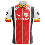 The Lejeune BP Retro Cycling Jersey showcases a vibrant red, black, and white color scheme with prominent Lejeune BP logos. Made from lightweight polyester, it features classic red, yellow, and white striped accents on the collar and sleeves.