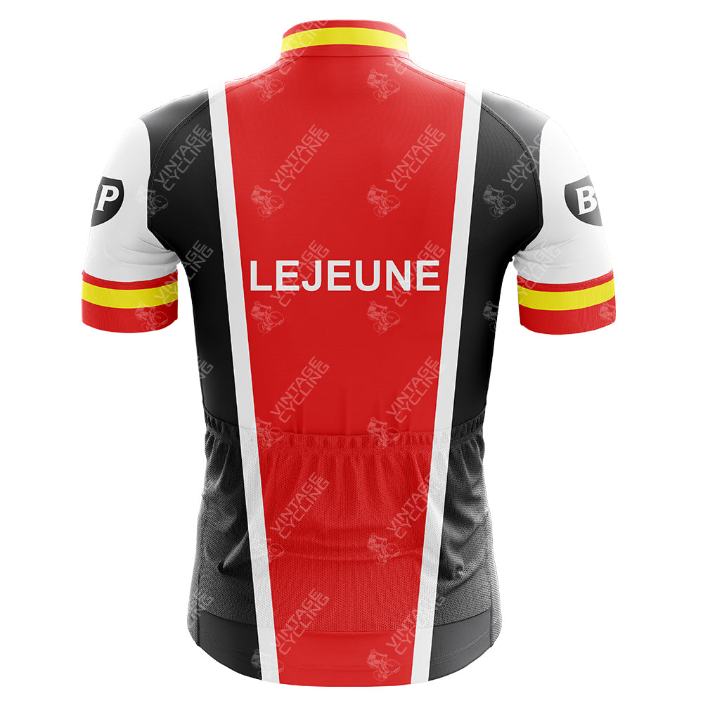 The Lejeune BP Retro Cycling Jersey features Lejeune on the back, crafted from lightweight polyester with red, black, and white vertical stripes plus yellow and red sleeve accents. Its breathable fabric includes convenient lower back pockets.