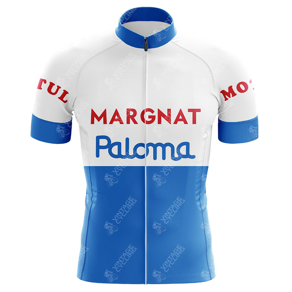 The Margnat Paloma Retro Cycling Jersey features a bold design inspired by the 1964 classic, with white on the top half and blue below. It includes a blue collar, cuffs, and a subtle VÉTAGE EXCHANGE pattern for an authentic vintage look.