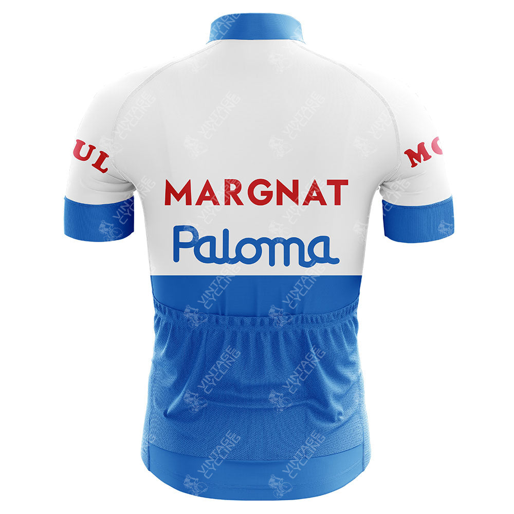 The Margnat Paloma Retro Cycling Jersey channels the 1964 era with its white upper section, displaying MARGNAT and Paloma in striking red and blue. The blue lower half has practical pockets, while MOL decorates the sleeves.