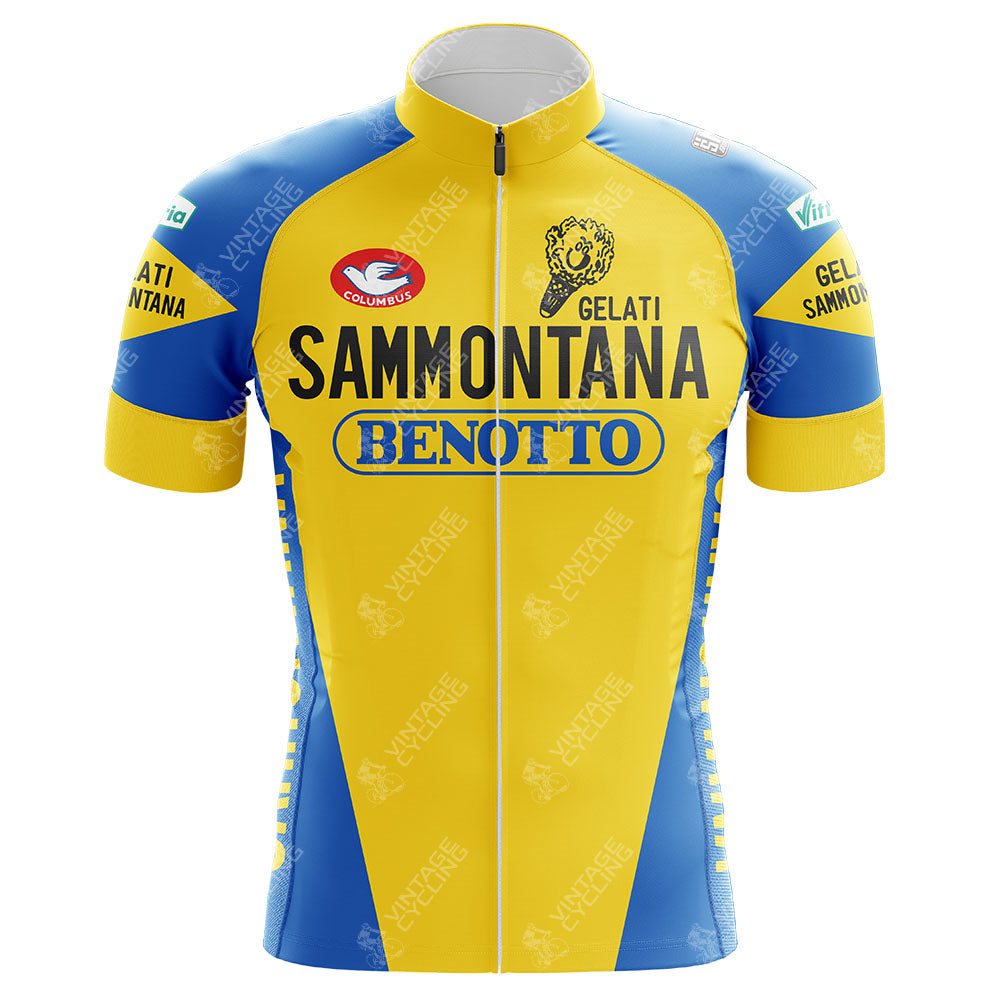 The Gelati Sammontana Benotto Retro Cycling Jersey showcases a yellow and blue design with Sammontana and Benotto logos on the front. Reminiscent of Moreno Argentins era, it features various sponsor logos on the sleeves and shoulders.