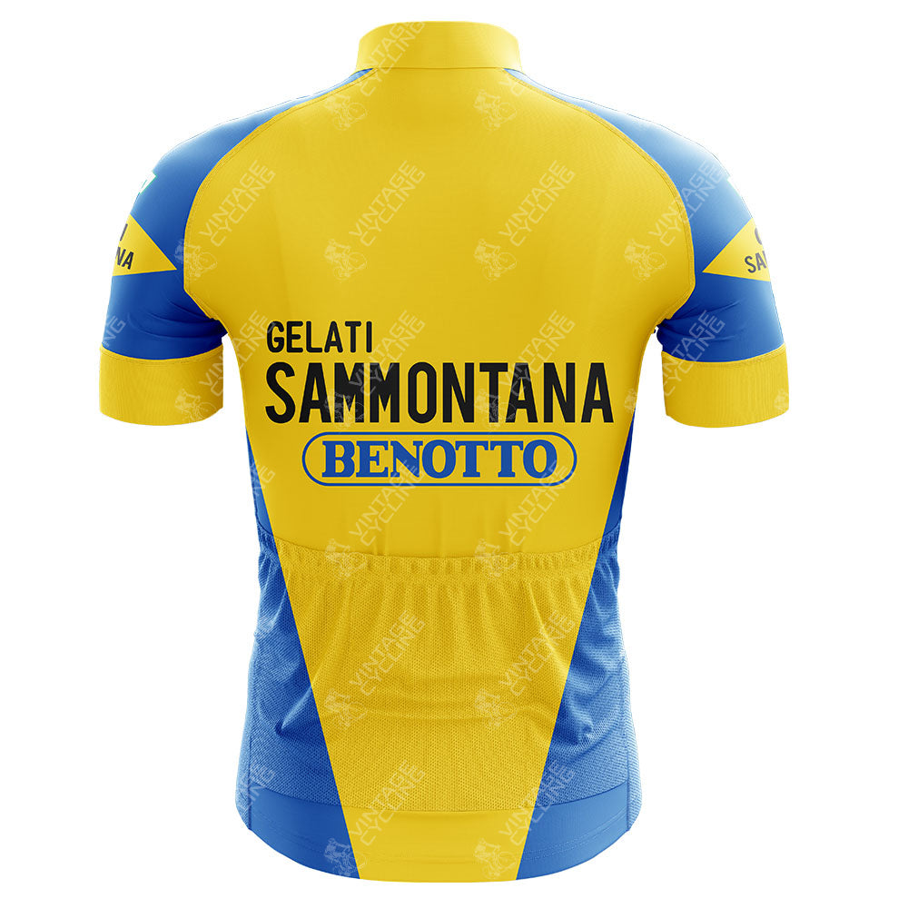 The Gelati Sammontana Benotto Retro Cycling Jersey features yellow and blue colors, Gelati Sammontana in black and Benotto in blue on the back, inspired by Moreno Argentin. It has short sleeves with stylish blue triangles on the sides and shoulders.