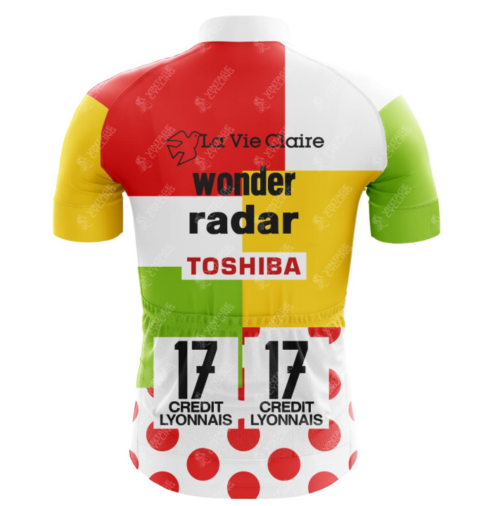 The back of the Wonder Radar La Vie Claire Retro Cycling Jersey showcases green, red, white, and yellow squares with La Vie Claire, Wonder Radar, and Toshiba logos. A Tour de France feel is achieved with a polka dot pattern at the bottom featuring Credit Lyonnais and the number 17.