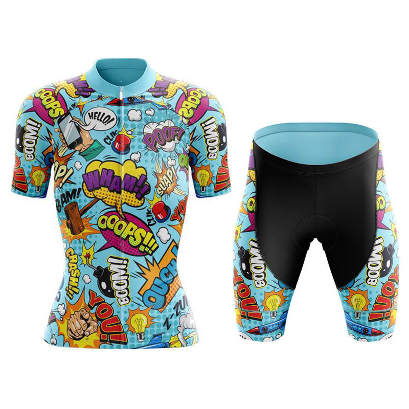 The Womens Explosive Comic Book Blue Cycling Jersey Set, made from lightweight polyester, features a vibrant top with colorful comic-style words like Oops! and Wham! in cartoon fonts. The set includes black shorts with matching panels against a plain white background.