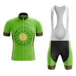 Discover the Kiwi Fruit Cycling Jersey Set, featuring a vibrant jersey with lightweight polyester, a bold yellow center with black seeds, and paired with green, black, and white bib shorts that include a comfy gel seat pad.